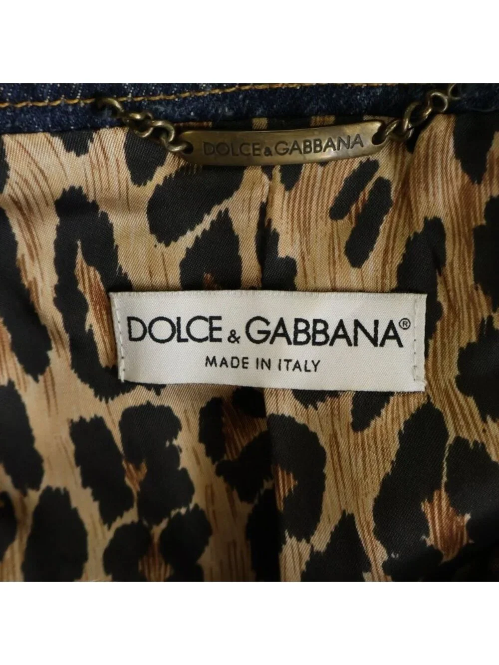 Dolce & Gabbana Collarless Lined Leopard Denim Jacket Indigo